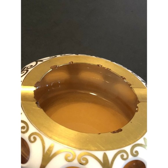 Bohemian Czech Cased White Ashtray Over Amber Hand Painted Gold Encrusted Rare - Picture 4 of 6